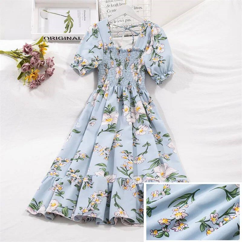 2023 Summer Women Print Dresses Short Sleeve Pleated Casual图片