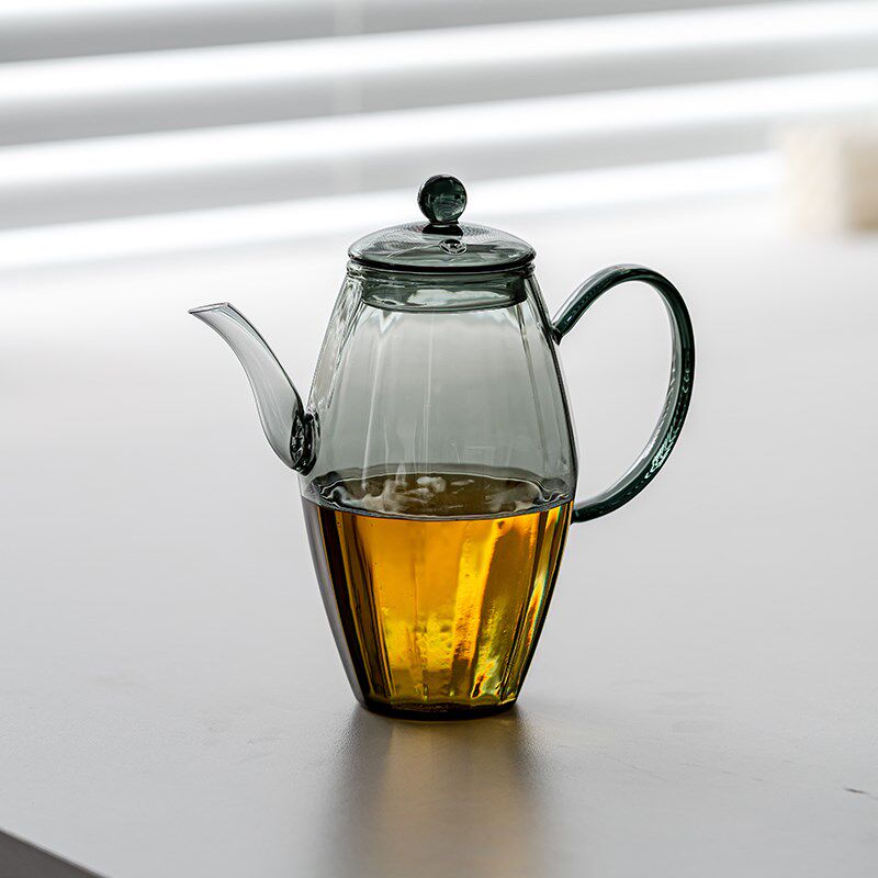 中式玻璃贵妃壶茶壶高级感烟灰色花茶壶加厚泡茶壶单壶耐高温透明