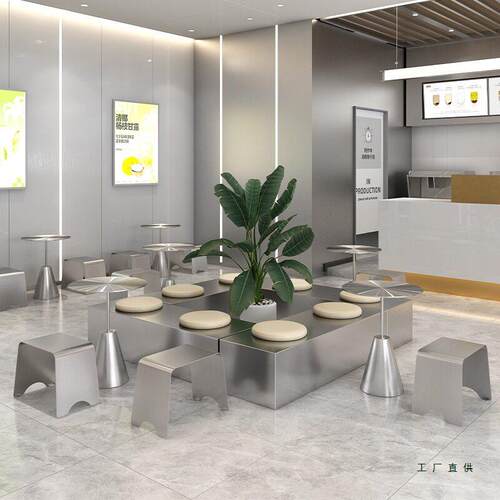 不锈 钢工定业风桌子椅子组合制奶商351茶店咖啡厅用方桌餐桌小圆