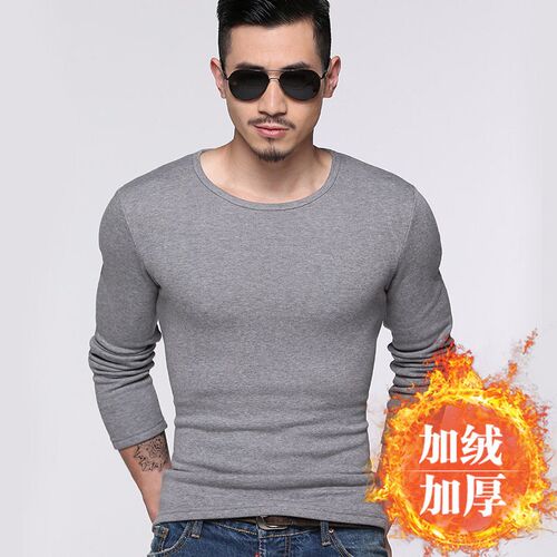 Mens Clothes Fleece Thick V-neck Slim-fit Long-sleeved T-sh