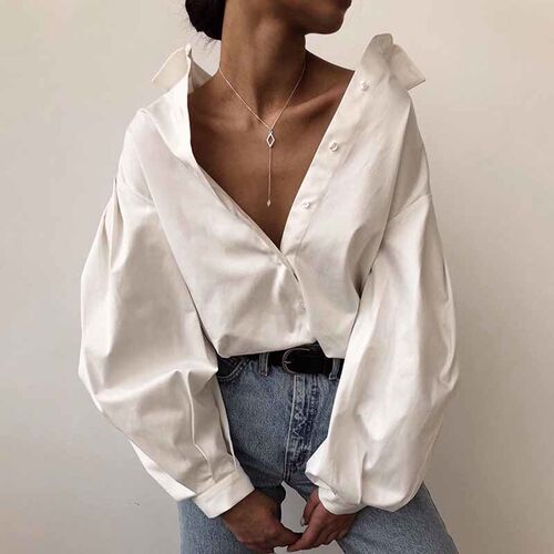 Lantern Sleeve Fashion Cotton Office Shirt Women Casual