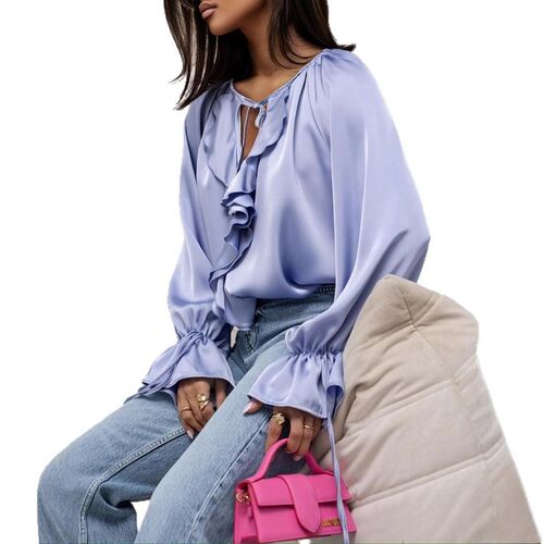 Hot Selling llar Lace-up Ruffled Shirt Loose Horn Sleeve Wom