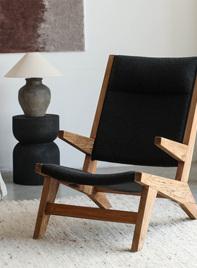 黑色侘寂风老松木毛粒绒软包客厅午睡休闲椅实木复古阳台懒人躺椅