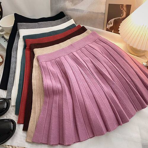 Ashgaily Knit Pleated Skirt Women High Waist Sweater Skirts