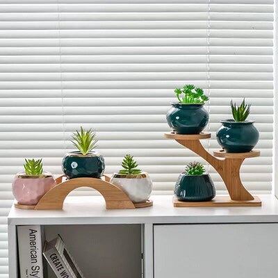 Wood Flowerpot Rack Desktop Planter Display Stand Indoor Pla