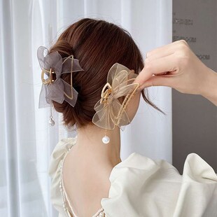 Tassel Hea Hairpin Back Clip Grab Hair Disc Womens Bow Mesh