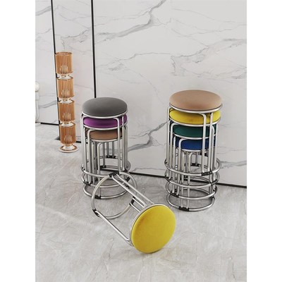 不锈钢家用可叠放圆凳店铺用凳结实耐用出租房用铁艺高板凳