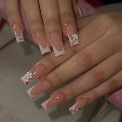 24Pcs Long Ballet False Nails with Bow Designs Pink Coffin P