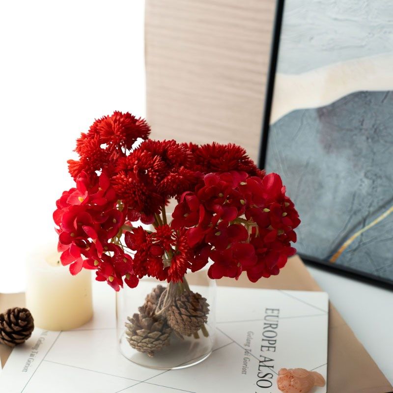 红色绣球仿真花假花乔迁之喜松塔客厅餐桌电视柜玄关茶几装饰摆件,家居饰品,仿真花/假花,淘宝优惠券,粉丝福利购,淘宝优惠卷