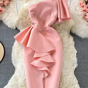 Kimutomo Elegant Solid Ruffles Stitching Sloping Shoulders