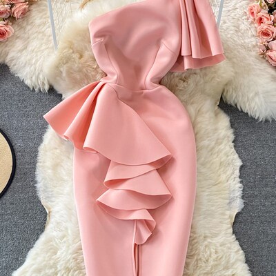 Kimutomo Elegant Solid Ruffles Stitching Sloping Shoulders