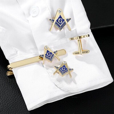 Blue Masonic Mason Compasses Crystal Cufflinks Freemason Tie