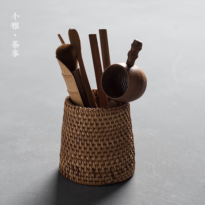 藤编茶道六君子套装 手工竹制草编茶艺组合 茶夹茶勺养壶笔配件
