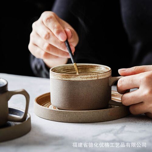 Stoneware ffee Cup And Saucer Set Creative Handmade Retro ff