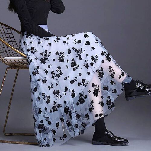 Korean Women Tulle Skirt Fahion Summer Hook Floral Looe Midi