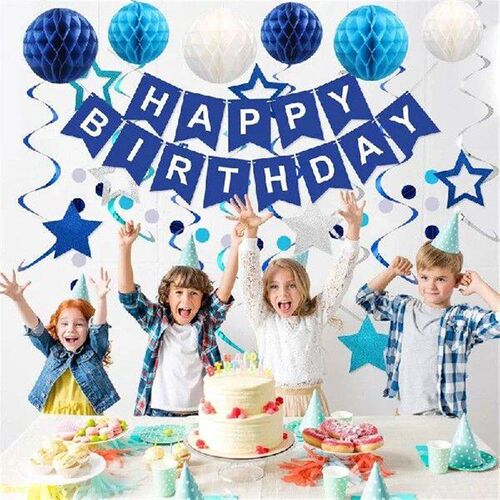 Blue Birthday Decorations, Happy Birthday Banner With