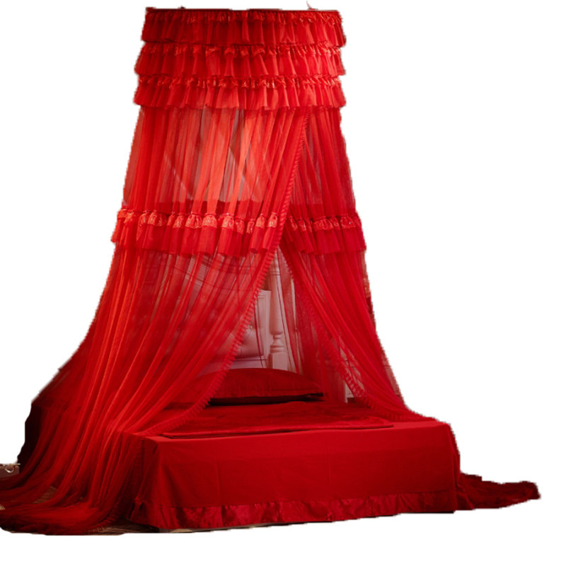 结婚大红色落地家用免打孔免安装蚊帐圆顶吸盘吊挂式吊顶蚊帐子