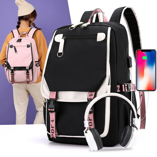 Fengdong large school bags for teenage girls USB port canvas