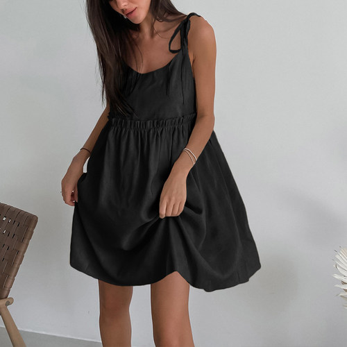 Women Cotton Linen Dress Vacation Spaghetti Strap Dress