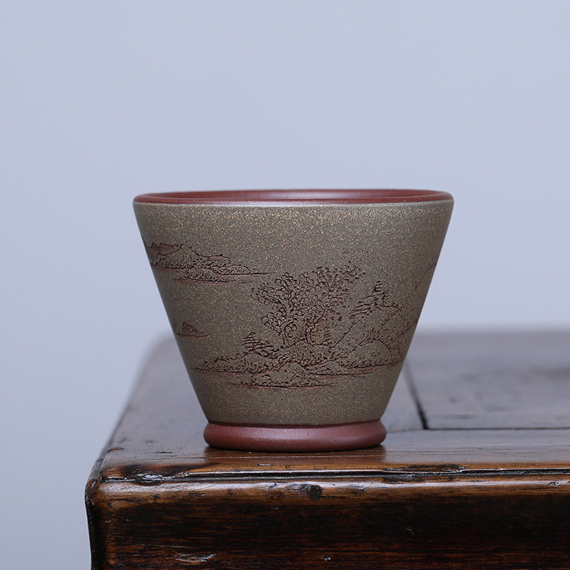 宜兴精品紫砂杯功夫茶杯单杯 刻绘小杯子主人品茗大茶碗个人口杯