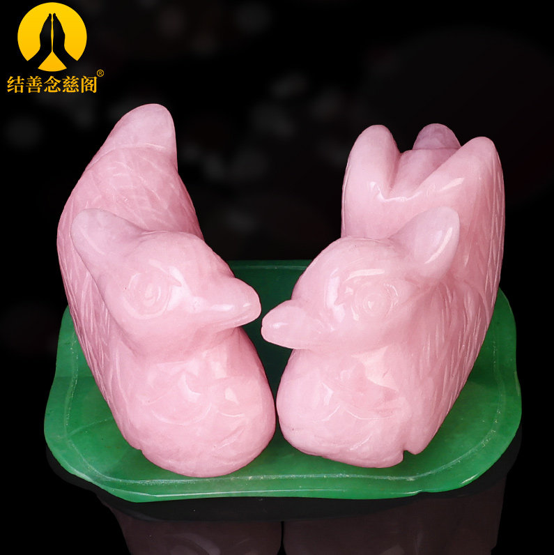 粉水晶鸳鸯摆件一对天然粉晶芙蓉石比翼鸟工艺品卧室床头新婚礼品