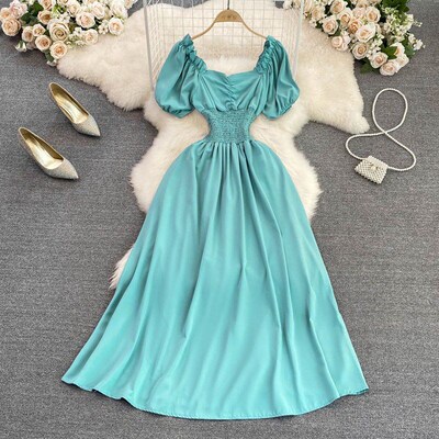 2025 Summer VNeck Bubble Sleeve Dress WaistDefined Slimming