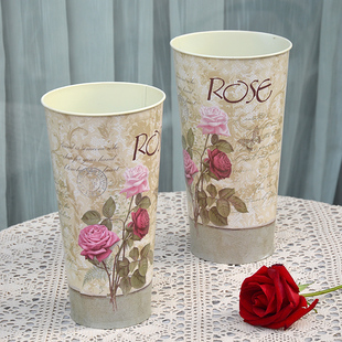 法式田园乡村铁皮花桶花店家用装花大号复古铁艺花盆干花花瓶花器