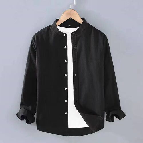 2023 Linen Shirt Stand Collar Long Sleeve Henley White Black