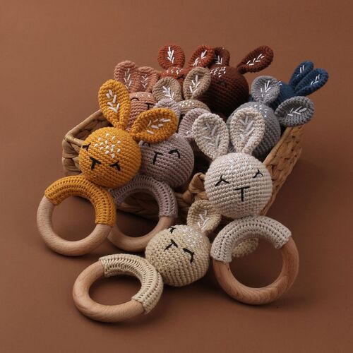 1pc Wooden Crochet Bunny Rattle Toy BPA Free Wood Ring Baby