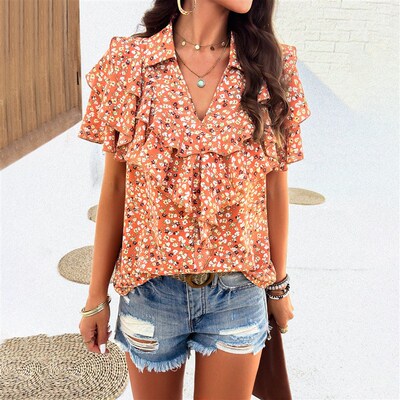 Diyun Top Womens 2025 Elegant Printing Wooden Ear Short Sle