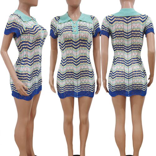 Wishyear Striped  Collar Knit Ribbed Birthday Mini Dress For