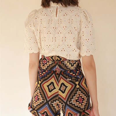 Rowling Mirror Floral Hollow Out Patchwork Solid Shirt