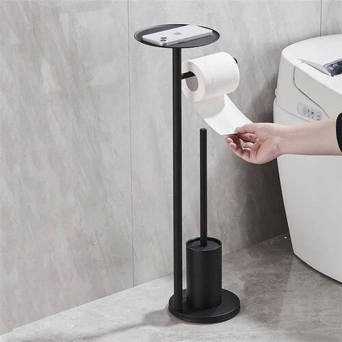 Black stainless steel toilet paper holder with toilet brush