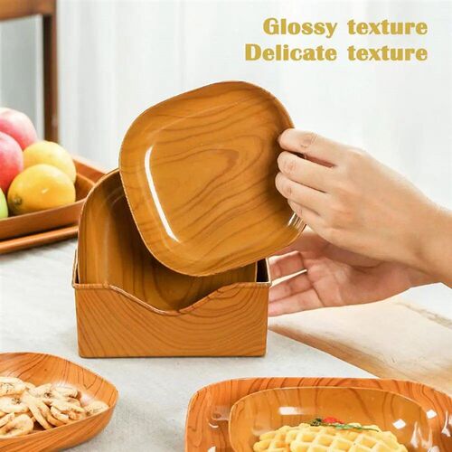 Kitchen Wood Grain Plastic Square Plate Flower Pot Tray Cup