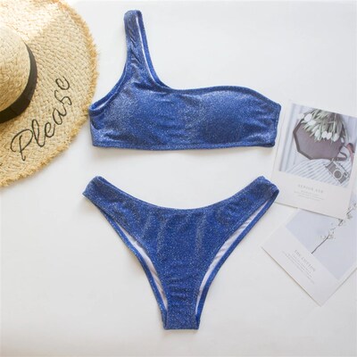 Fashion Single Shoulder Women Bikinis Set Female Shinning Hi
