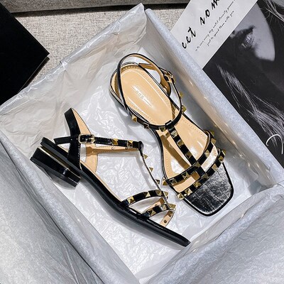 2023 Summer low heel women rivets sandals thin ribbon fashio