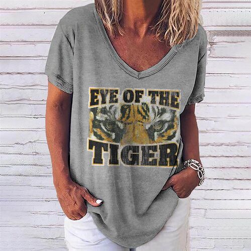Summer V Neck Tee Shirt Tiger Printed Short Sleeve Top