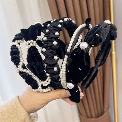 Black Winter Autumn Women Wide Hairband Padded Pearl Cross F