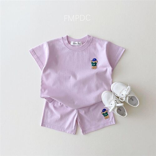 Korean Baby Boy Summer Clothes Set Embroidered Bear Colorful