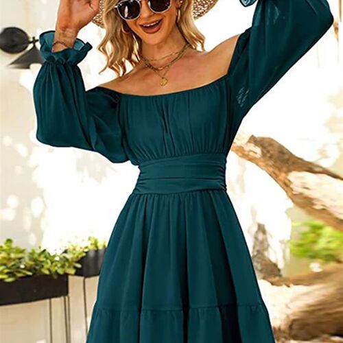 Women Sexy Backless Mini Dress Tie Back Long Sleeve Square
