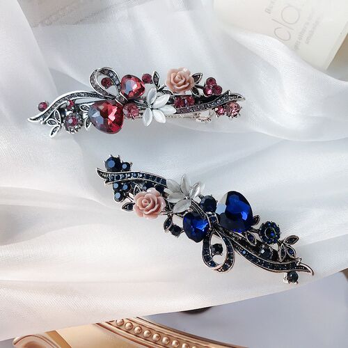 Korean Red Crystal Flower Bow Spring Hairpin Vintage Ink Blu