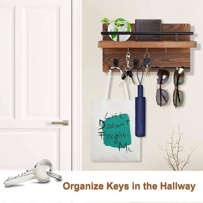 Wooden Wall Key Holder with 5 Hooks Mail Organizer with Shel