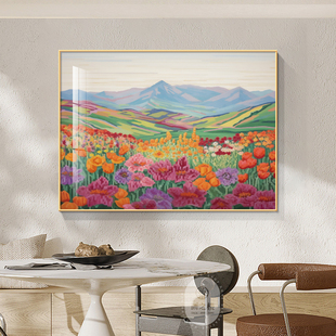 彩色山脉饭厅装饰画莫奈繁花油画治愈系花卉饭厅挂画客厅餐桌壁画