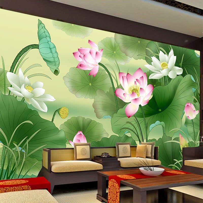 荷花莲叶墙纸养生馆佛堂禅房民宿背景墙装饰画水草莲花荷叶壁纸,家装主材,定制壁画,淘宝优惠券,粉丝福利购,淘宝优惠卷