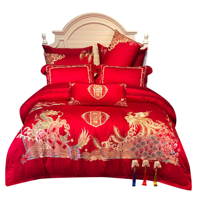 中式大红色100支长绒棉婚庆四件结婚刺绣龙凤被新婚床上用品,床上用品,婚庆床品套件,淘宝优惠券,粉丝福利购,淘宝优惠卷