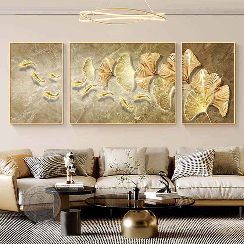 家大业大银杏叶客厅装饰画高级感沙发背景墙九鱼图挂画大气三联画,家居饰品,现代装饰画,淘宝优惠券,粉丝福利购,淘宝优惠卷