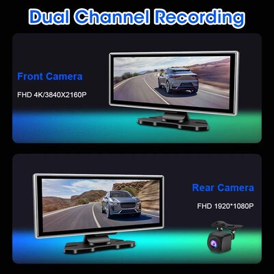 11.26 inch Car DVR 4K Dash Cam Dual Lens Wireless Carplay &