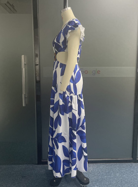 Ellafads Women Maxi Dress Summer Sexy Fashion Leaky Waist V