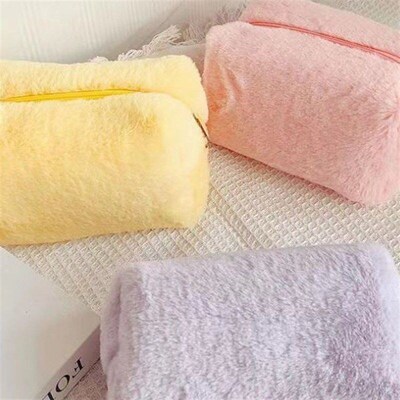 Makeup Bag Cute Cosmetic Bag Plush Pink White Makeup Pouch T