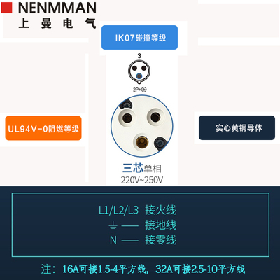 上曼电气航空插座TYP:101明装单相230V防水母头欧标1 3孔 IP